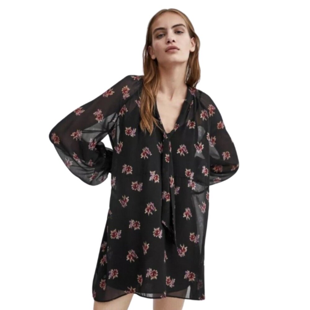 ZARA Floral Print Dress with long sleeves with ties cuffs / Black, Pink / Size S